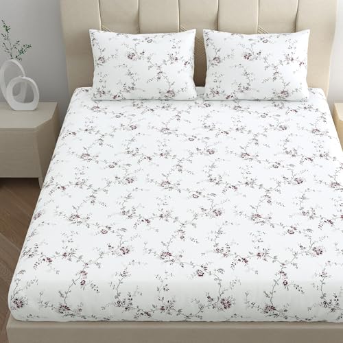 Image of LINENWALAS 100% Cotton Fitted Bed Sheet for Single Size Bed, Printed All Around Elastic Bedsheet (36 x 78 Inches) with 1 Pillow Covers | 210 TC Soft, Breathable, Luxury Bedsheet (Vineyard), White