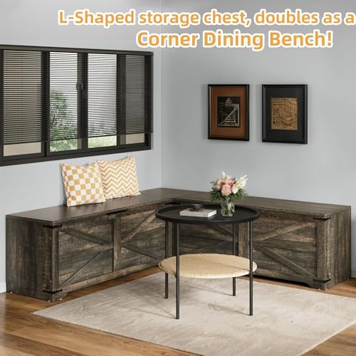 DWVO L-Shaped Storage Bench, 18" High Corner Dining Bench with Storage, Wooden Nook Storage Chest for Living Room, Bedroom