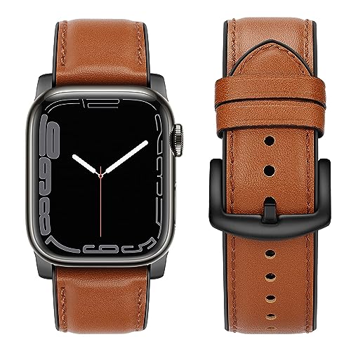 Tasikar Compatible with Apple Watch Band 49mm 45mm 44mm 42mm 41mm 40mm 38mm, Genuine Leather Silicone Replacement Strap Compatible for iWatch Ultra SE Series 9 8 7 6 5 4 3 2 1-38/40/41mm Dark Brown