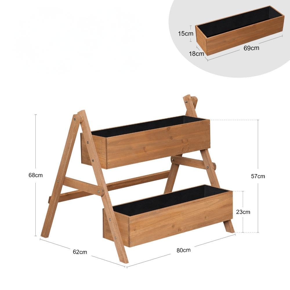 WOLTU Huerto Urbano Vertical de 2 Niveles, Jardineras Exteriores, Huerto Elevado con Estanterías para Verduras, Frutas y Flores, Maceta Madera de Plantas en Escalera, 80x62x68 cm, Marrón