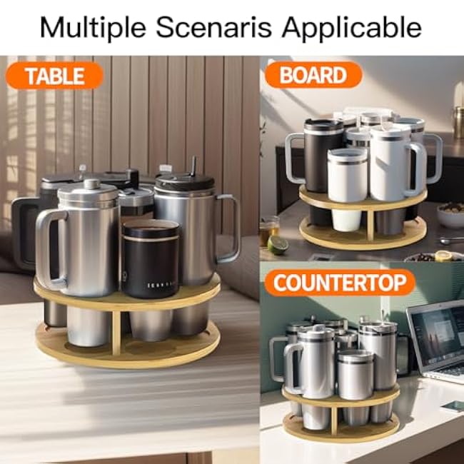 Bamboo Stanley Cup Holder with Water Bottle Organizer for Stanley Tumbler - Cup Holder Stand for Water Bottle and Stanley Cup Accessories, Compatible with 14 to 40oz Cups as Stanley