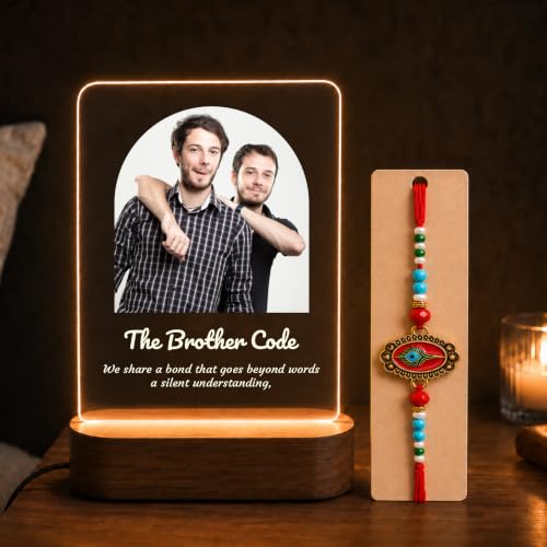 Image of Giftplease Customized LED Photo Frame Night Light & Premium Rakhi Gift Combo for Brother | Personalized Acrylic Desk Lamp with Designer Rakhi, Roli Chawal, Wish Card | Rakshabandhan Gift for Bhaiya