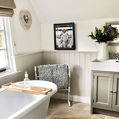 Highland Cow Bathroom Decor Wall Art Black And White Farmhouse Bathroom Wall Decor Cow Pictures Canvas Print Artwork Cow In The Toilet Funny Bathroom Decor Handmade Black Vintage Wood Framed 12"X16" #TOP6