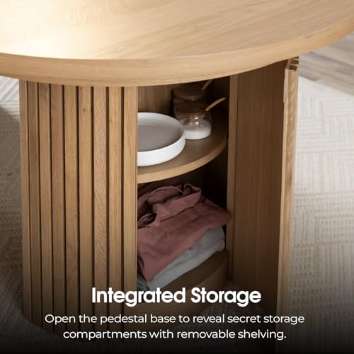 Image of Transformer Round Extendable Dining Table - Solid Wood Expandable Table for 4 to 8, Modern Space-Saving Kitchen & Dining Room Furniture with Hidden Storage (Natural Oak, Table + 4 Chairs + Bench)