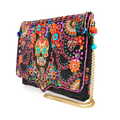 Mary Frances Fiesta Flair Beaded Crossbody Handbag Sugar Skull Clutch Colorful Vegan Novelty Bag with Removable Chain Strap, Black4