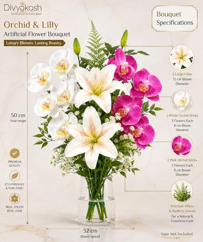 Image of Divyakosh Artificial Flowers Bunch (Vase Not Included). Artificial Flower for Vase, Flower Bouquet Gift with Orchid & Lily Pink White Arrangement for Living Room, Table, Centerpiece, Decor