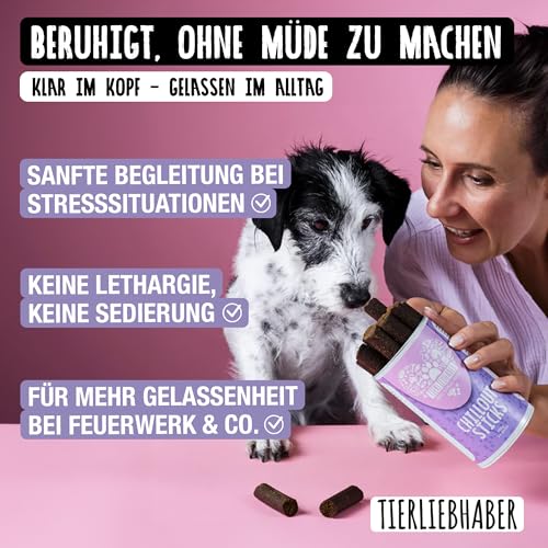 TIERLIEBHABER - Chillout Sticks 350 g (14 Sticks) Natürliche Unterstützung & Entspannung für Hunde – Sanfte Beruhigungshilfe bei Stress, Autofahrt & Silvester – Hundeleckerli & Anti-Stress Snacks