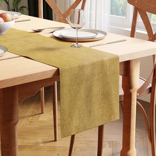 Image of Encasa XO Dining Table Runner for 4 to 6 Seater | 32x183 cm | Mustard Gold | Chenille Fabric | Machine Washable