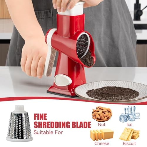Image of KEOUKE Rotary Cheese Grater Hand Crank Red - Shredder Slicer Grinder 3 Stainless Steel Blades, Stable Suction, Labor-Saving Handle, Safe Kitchen Tool for Cheese, Vegetable, Nuts, Chocolate