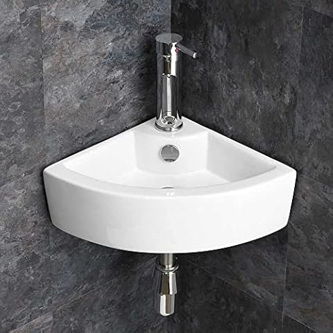 clickbasin Countertop Space Saving Small White Corner Ceramic Wash Basin 400mm Corner Sink Cover