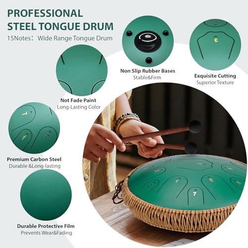 Image of Steel Tongue Drum-14 Inch 15 Notes Tongue Drums, Steel Drum Instrument for Adults, Handpan Drums with Music Book, Handpan Drum Mallet, and Carry Bag, C Major (Green)