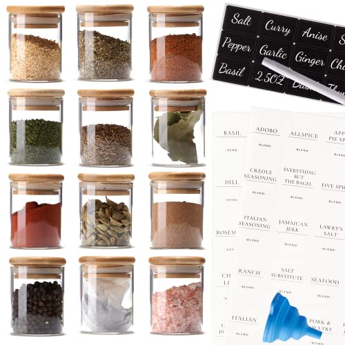 Stylvio 12 2.5oz Glass Spice Jars Set with Airtight Natural Bamboo Lids and 95 Pre-printed Minimalistic Spice Labels, 12 Seasoning Jars with 12 Black Chalkboard Labels and Erasable Liquid Chalk Pen, Glass Jars with Bamboo Lids and Labels