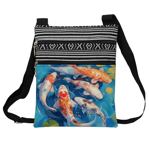 Koi Fish Messenger Bag Small Ethnic Pattern Printed Adjustable Strap Crossbody Zipper Bag Koi Fish Phone Bag Wallet Cute Shoulder Handbag for Women Friends -1