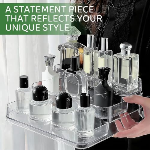 Image of MAYCREATE Perfume Display, 3 Tier Clear Acrylic Riser Shelf for Perfume with Fences, Cupcake, Gemstones, Curio, Anime Figurines, Skin Care Products for Organization and Decor