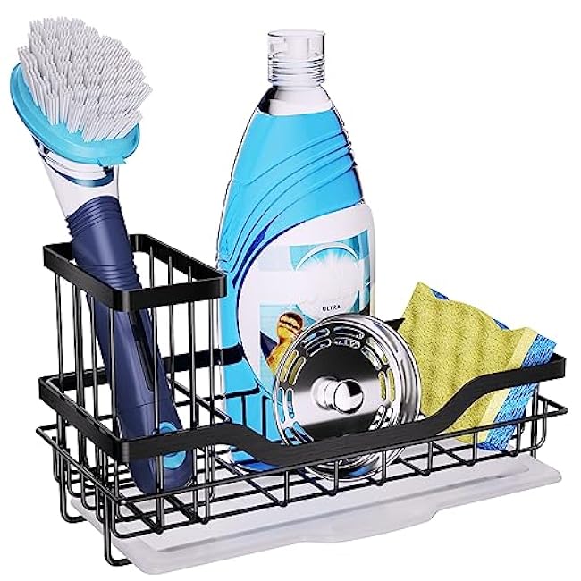 HapiRm Sink Caddy with Brush Holder, Kitchen Sink Organizer with Drawable Drain Tray, Rustproof Stainless Steel Kitchen Caddy for Sponge, Brush - Black (8.26 * 3.62 * 4.72 in)