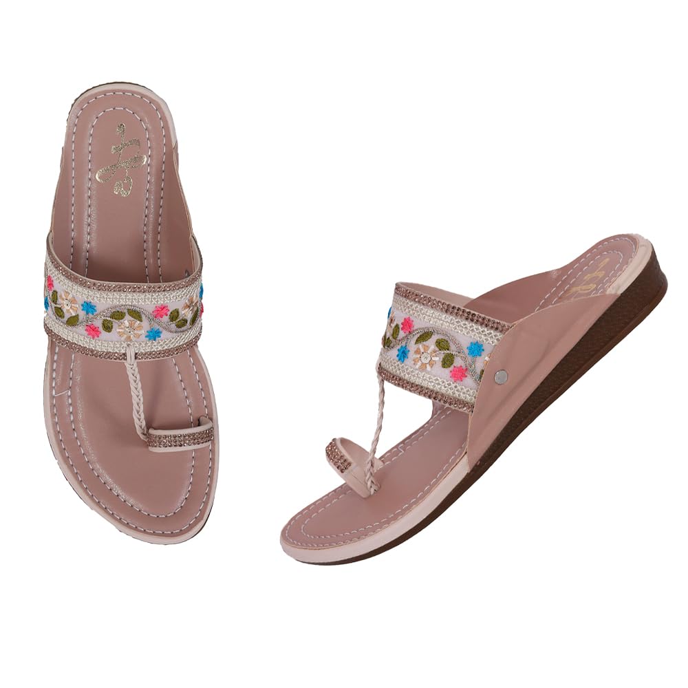 Women's Floral Embellished Ethnic Sandals | Toe Post Flat Chappals with Stone Studded Strap | Traditional Footwear for Festive, Party & Daily Wear-image-49