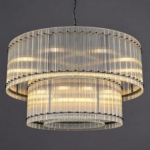 Image of 48-Inch Ripple Glass Chandelier, 3-Tier 20-Light Large Black Round Chandelier for Dining Rooms, Living Rooms, Foyers, Staircases, Open-Concept Spaces & High Ceilings