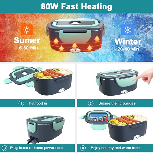 Image of Electric Heated Lunch Boxes Adults: 80W Electric Lunch Box Food Heated 12 /24 /110V 1.5L Heatable Lunch Box for Car /Truck /Office Leak-Proof Stainless Steel Container, Fork & Spoon, Bag (Grey+Green)