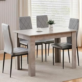 Homullel 110cm Dining Table and 4 Chairs, 4 Seater Kitchen Table and Chairs Set for Space Saving, Compact Dining Room Set for 4, 110x70 cm, Wooden, Beton Grey (4 Seaters, Flannel Gray #2)