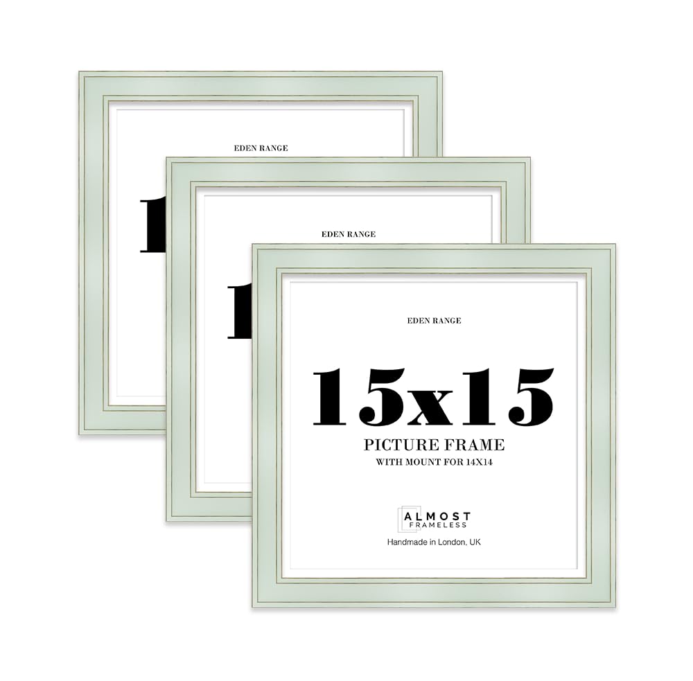 15x15" Sage Green Square Picture Frame with 14x14" Mount - Shabby Chic Photo Frame with Distressed Finish, Gold Trim, Wall Hooks, 37mm Edge - 3 Pack