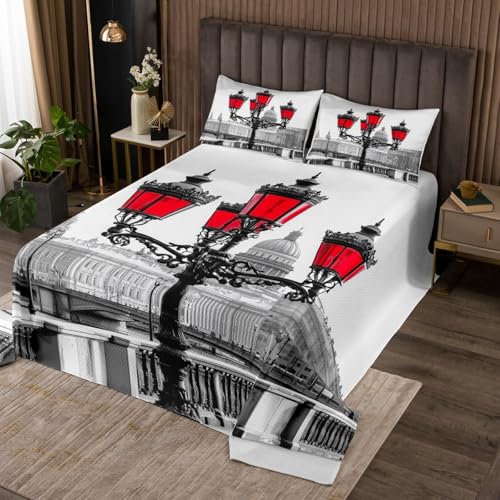 jejeloiu Kids Red Coverlet Set Twin Size London Themed Bedspread for Boys Girls Teens Bedroom Decor Historical European Scenery Quilted Coverlet Famous City Scene Soft