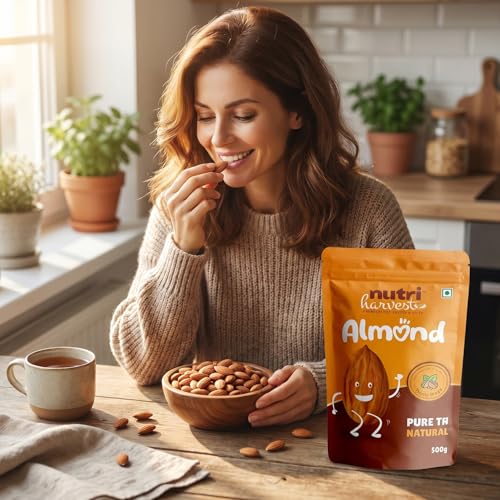 Image of NUTRI HARVEST Premium Natural Californian Almonds 500g | Raw Unsalted Badam Giri, Tasty and Healthy Snacks, Crunchy Dry Fruits | High Protein & Fiber | Rich in Magnesium & Phosphorus (Pack of 1)