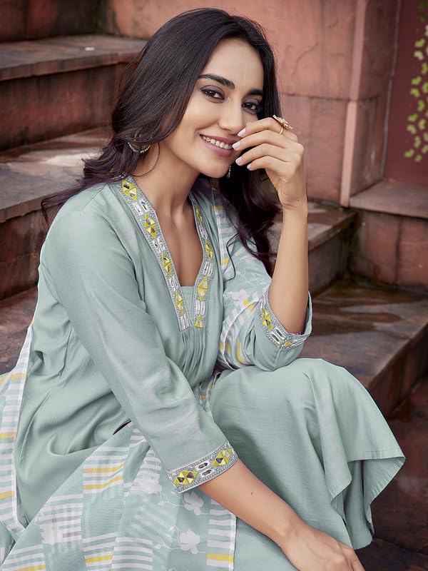 Image of Royal Export Women's Viscose Yoke Mirror Work Solid Flared Kurta Pant with Dupatta Set, Anarkali Kurta Sets for Women