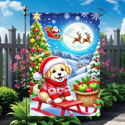 Image of BlissYard Christmas Garden Flag 12x18 Inch Puppy Sled Tree Yard Decor