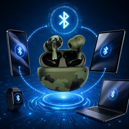 Image of J38 Army Series Truly Wireless Bluetooth Earbuds with Bluetooth v5.4, 36H Playtime, ENC Calling Mic, Touch Controls, Deep Bass, Type-C Charging, Camouflage Green