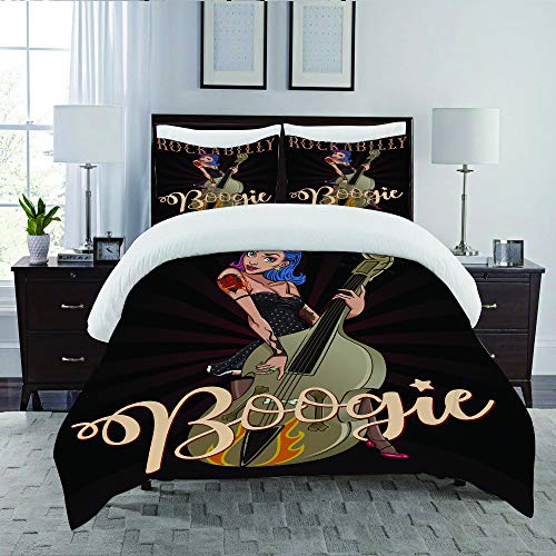 not Edredón- Ropa de Cama,Character Rockabilly Boogie Vintage of Pinup Rock Girl Playing on Contrabass Pin,Microfibra,edredón 1 edredón 200×200CM y 2 Fundas de Almohada 50×80CM