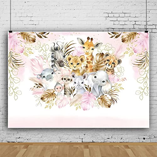 Bovlleetd 180x120cm Selva Animal TelóN De Fondo Bebé Ducha FotografíA Fondo Rosa Gris Hojas Fondo De Dibujos Animados LeóN Mono Elefante Fiesta De CumpleañOs Bandera para Pastel DecoracióN De Mesa