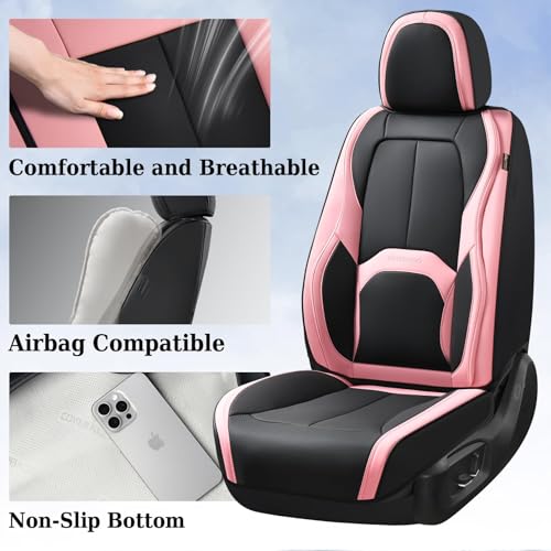 Image of Coverado Car Seat Covers Full Set, Waterproof Nappa Leather Seat Covers for Car, Car Seat Protector with Lumbar Support, Automotive Seat Covers Universal Fit for Most Cars SUV Trucks, (Black&Pink)