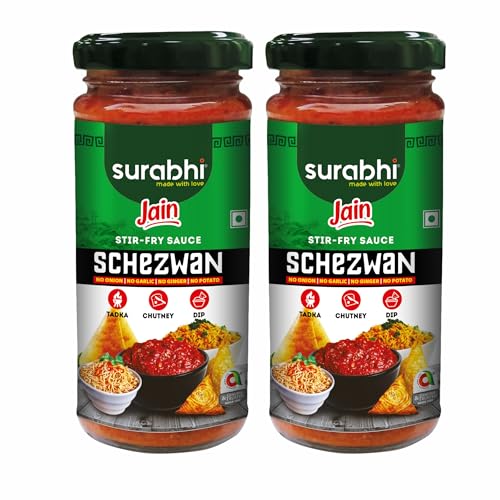 Image of Surabhi Jain Schezwan | No Garlic No Onion Schezwan Sauce | Jain Chinese Schezwan Sauce | Made with Fresh Ingredients | Dip or Spread Ready To Use | Hot Spicy Schezwan Dip Sauce - 250g (Pack of 2)