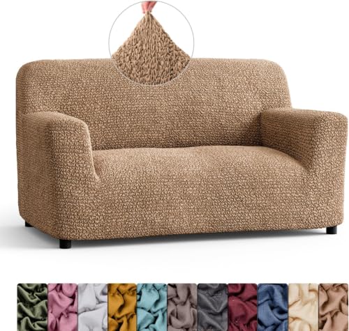 Image of Bellissima Sofa Covers - Premium Luxury Microfibra Plain Stretchable Sofa Cover 2 Seater Fully Covered Slipcover, Imported from Italy (Cappuccino)
