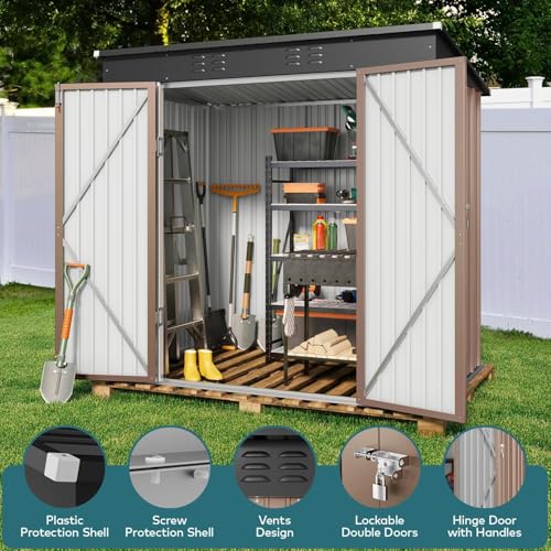 Gizoon 6' x 4' Waterproof Metal Garden Shed with Lockable Doors - Outdoor Storage for Backyard and Patio (Brown)