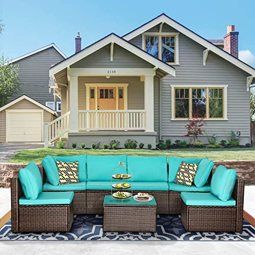 Image of PayLessHere Patio Furniture Set 7 Pieces Outdoor Furniture Wicker Conversation Set Sectional Sofa and Coffee Table Wicker Patio Conversation Sets for Backyard Porch Balcony Poolside,Blue Cushion