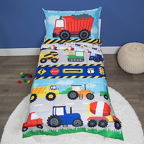 Image of Baby Boom Funhouse Construction Area 4 Piece Toddler Bedding Set, Trucks - Includes Comforter, Sheet Set - Fitted + Top Sheet + Reversible Pillowcase for Boys Bed, Blue