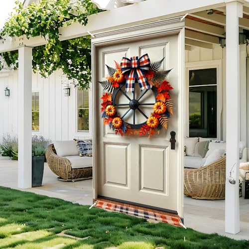 Image of Fall Wagon Wheel Door Cover 35x71in Pumpkin Maple Plaid