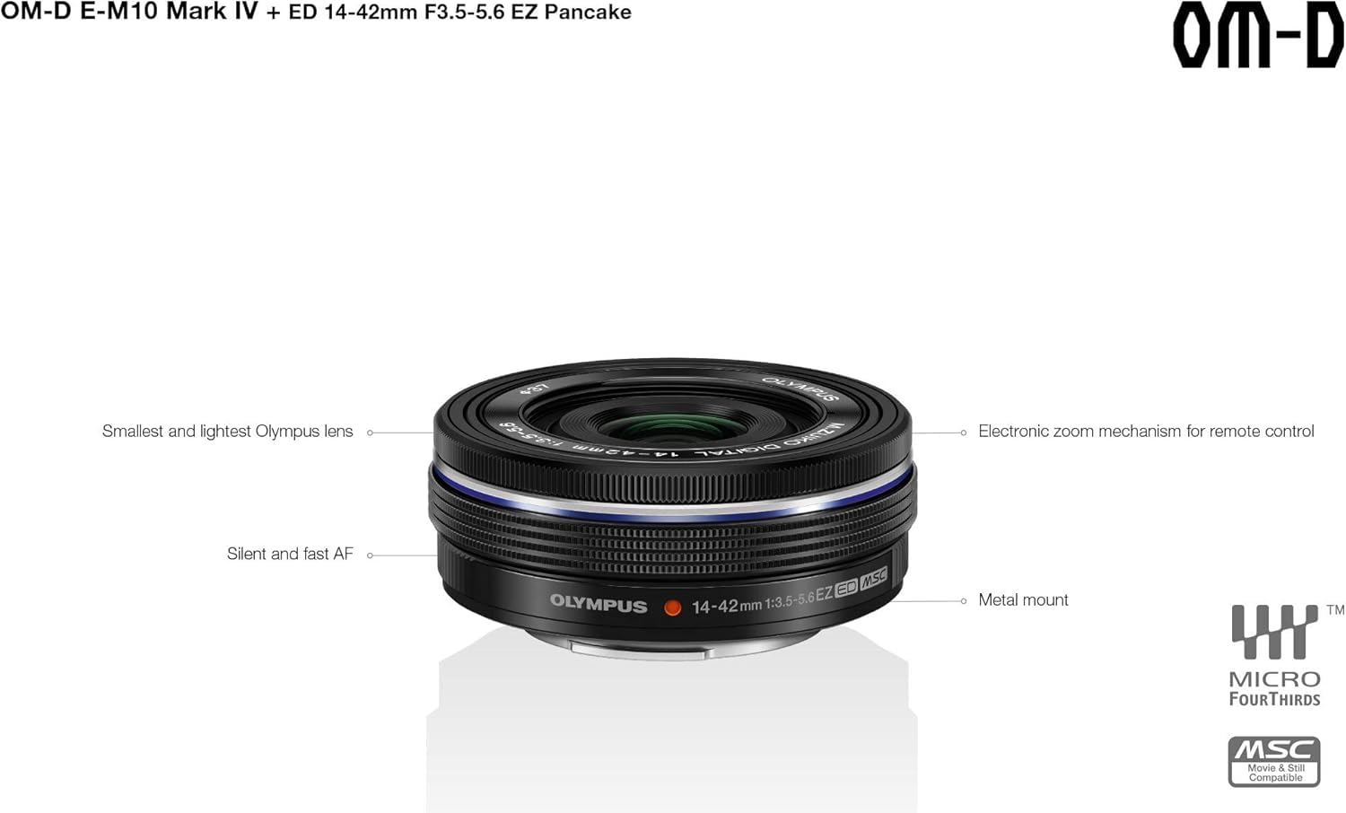 Kit d'appareil Photo Micro Four Thirds Olympus Om-D E-M10 Mark IV,capteur 20 MP, viseur électronique, vidéo 4K, Wi-FI, Noir - Comprend l'objectif M.Zuiko Digital Ed 14-42mm F3.5-5.6 EZ Pancake Argent