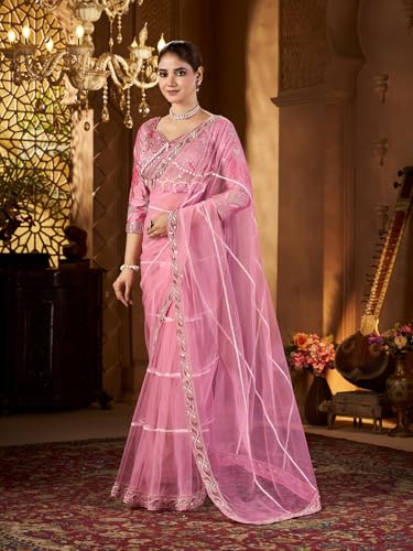 Image of Pandadi Saree Women's Net Embroidery Work Saree With Unstitched Blouse Piece