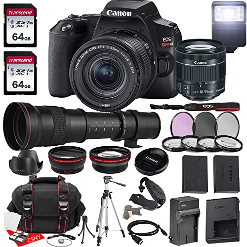 Canon EOS Rebel SL3 DSLR Camera w/EF-S 18-55mm F/4-5.6 Zoom is STM Lens + 420-800mm f/8.3 HD Telephoto Zoom Lens for T Mount + 2X 64GB Memory + Hood + Case + Filters + Tripod + More (35pc Bundle)