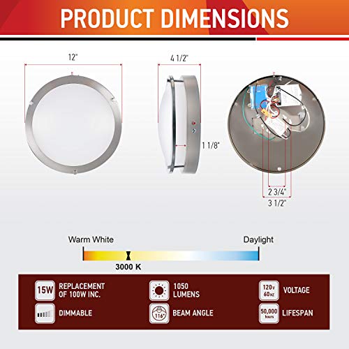OSTWIN 12 Inch LED Flush Mount Emergency Light for Home Power Failure, Dimmable Round Light Fixture, 15W (100W Eq.), 1050 Lm, 3000K (Warm White), Brushed Nickel Finish, ETL Listed - Thumbnail 3