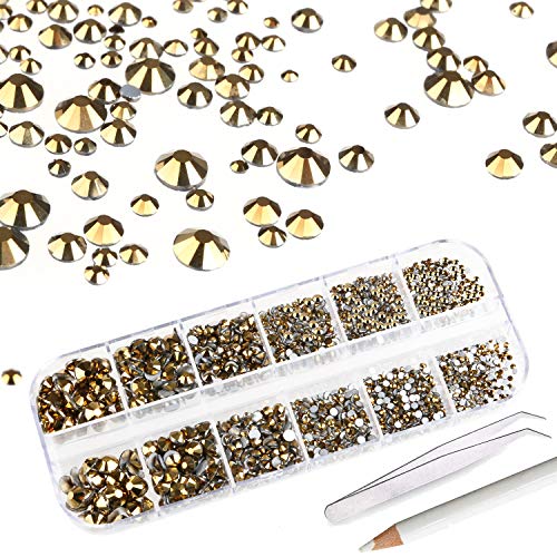 2000+ PCS Rhinestones for Craft，AKWOX Crystals Nail Art Rhinestones Round Beads Flatback Acrylic Charms Gems Stones + Tweezers + Picking Pencil with Storage Organizer Box,6 Sizes(2-5 mm)-Gold