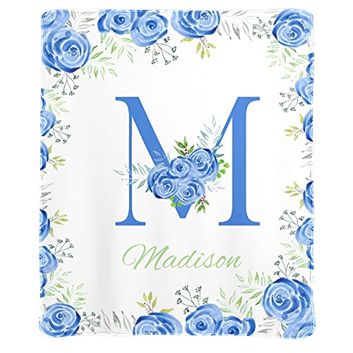 Yeshop Personalized Baby Blanket Blue Watercolor Rose Monogram Custom Blankets 50x60 Inches for Couch Bed, Fleece Blanket with Your Name Birthday for Boy Girl Teen