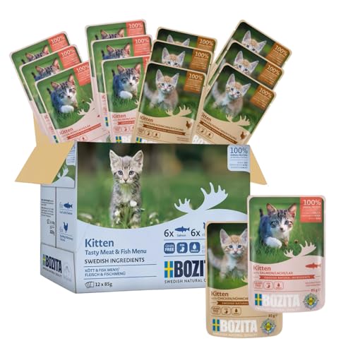 Bozita Mangime umido in salsa con pesce e carne, 12 x 85 g, senza cereali e senza grano per gatti – cibo umido per gatti adulti con 8,5% di proteine e 4,5% di grassi