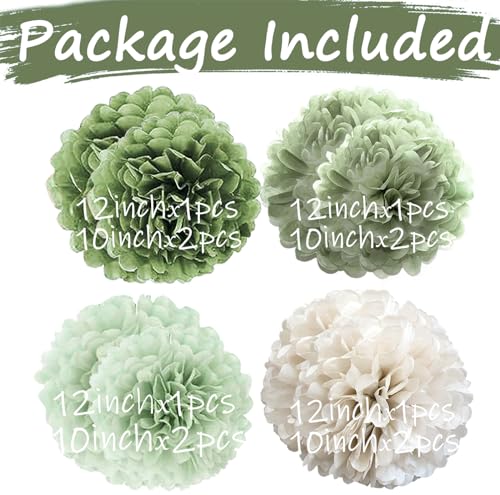 Image of Tissue Paper Pom Poms Kit Paper Flowers 12pieces for Gender Baby Shower Wedding Bridal Bachelorette Birthday Party Decorations (Sage Olive Green)