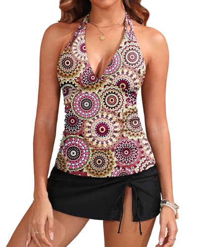 Yonique 2 Piece Swimsuits for Women Halter Tankini Top with Skirt Bottom Tummy Control Bathing Suit Mandala L