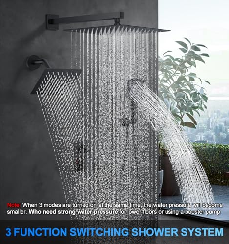Image of Woindo Shower Faucet Set, 12 inch Wall Mount Rainfall Shower System with 2 Rain Shower Head and Multi-function Handheld Head Push Button Diverter Shower Faucet Trim Kit