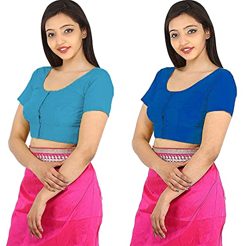 Image of Namita Women's Cotton Half Sleeve Blouse (U-COT-COM-2-CYAN-NAVYBLUE-34 Cyan-Navyblue 34)
