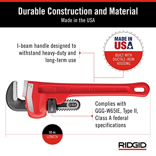 Image of RIDGID 31010 Model 10 Heavy-Duty Straight Pipe Wrench, 10-inch Plumbing Wrench, Red, Black, 250mm (10in)